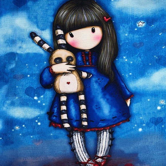 Blue Artistic Cute Girl & Bunny Print Canvas Tote Bag School Office Gift - Picture 3 of 4